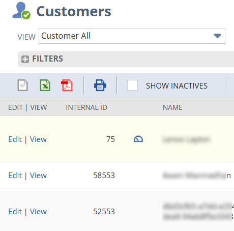 NetSuite grid showing InternalId